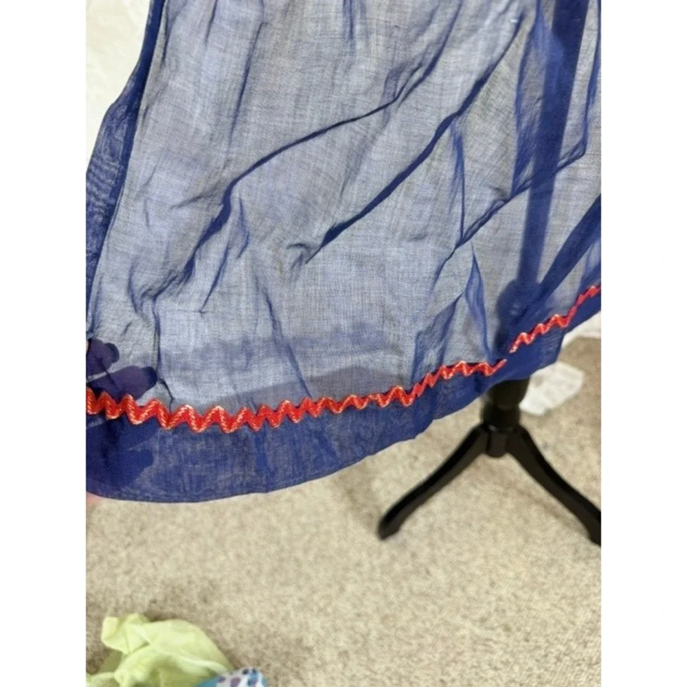 Vintage Sheer Navy Blue Half Apron Red Rick Rack Trim Pocket Retro Kitchen